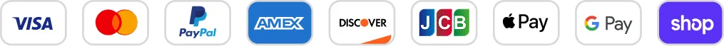 Accepted payment methods: Visa, Mastercard, PayPal, American Express, Discover, JCB, Apple Pay, Google Pay, and Shop Pay