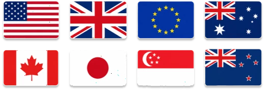 Flags of the United States, United Kingdom, European Union, Australia, New Zealand, Canada, Japan and Singapore