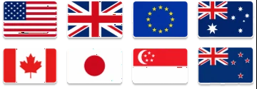 Flags of the United States, United Kingdom, European Union, Australia, New Zealand, Canada, Japan and Singapore