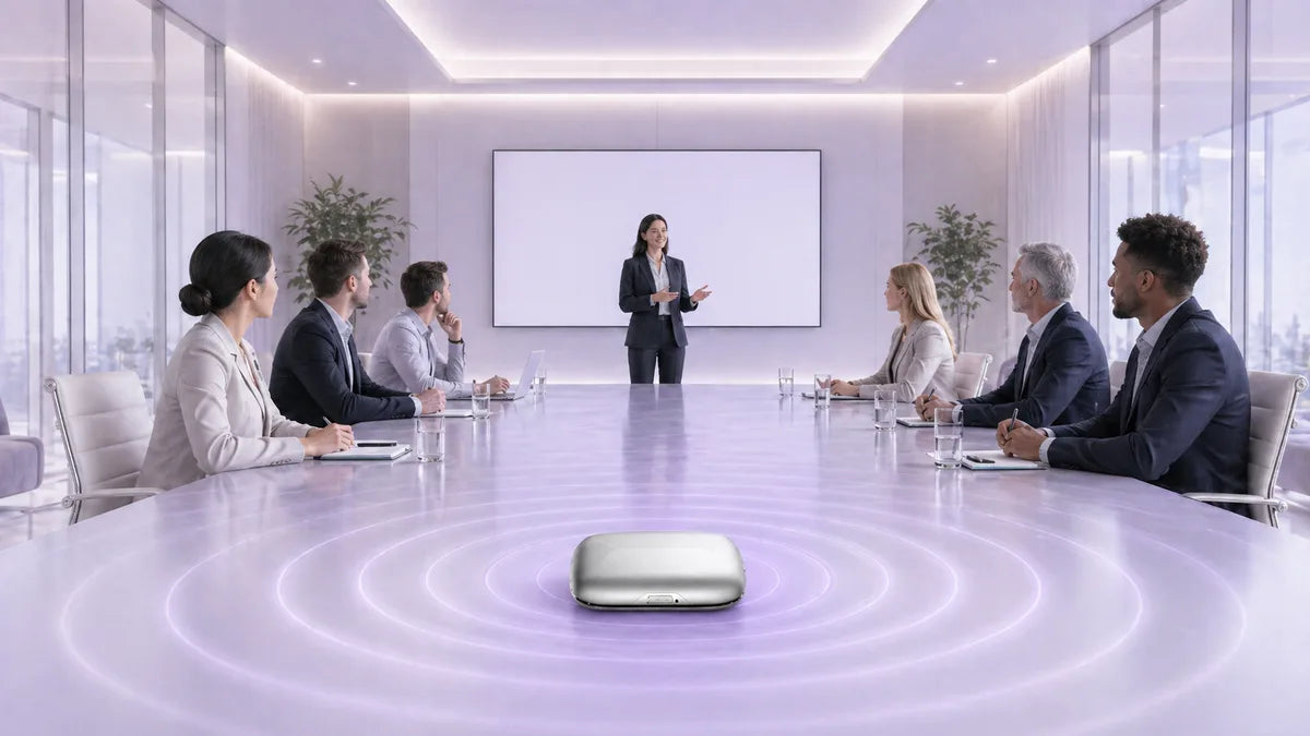 Dual mics hear every voice across the table.