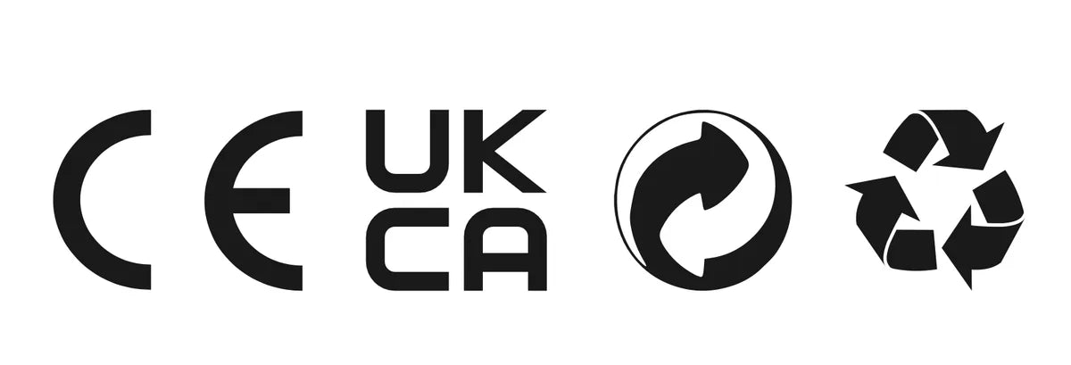 CE, UKCA, and recycling compliance marks