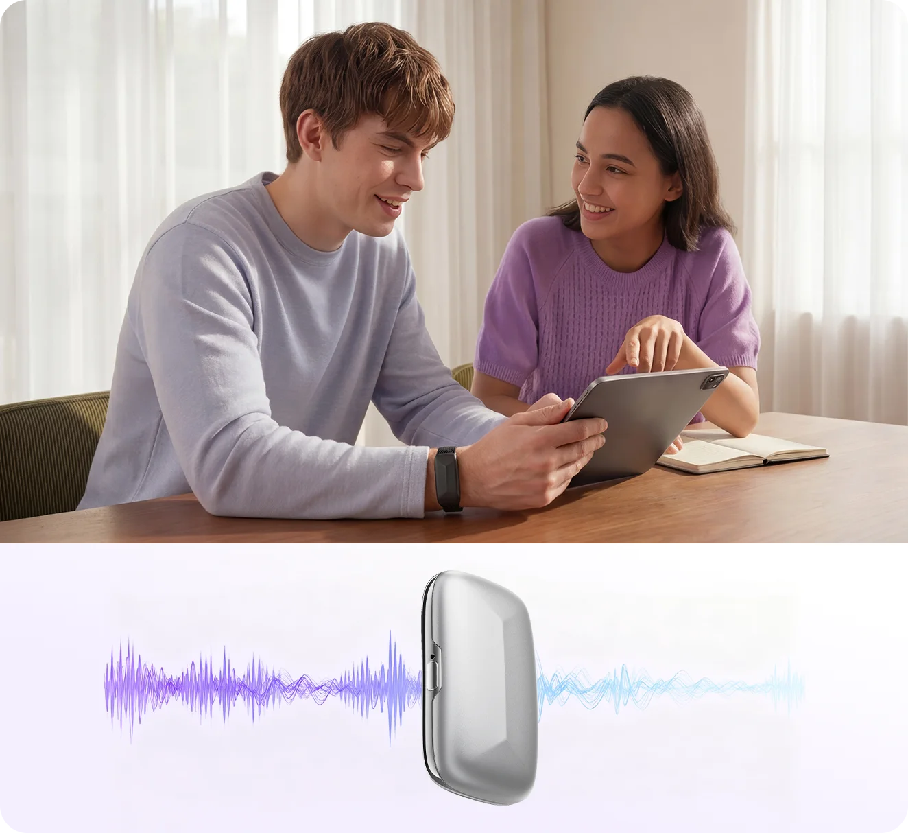 Memoket Gem used in conversation with voice wave illustration