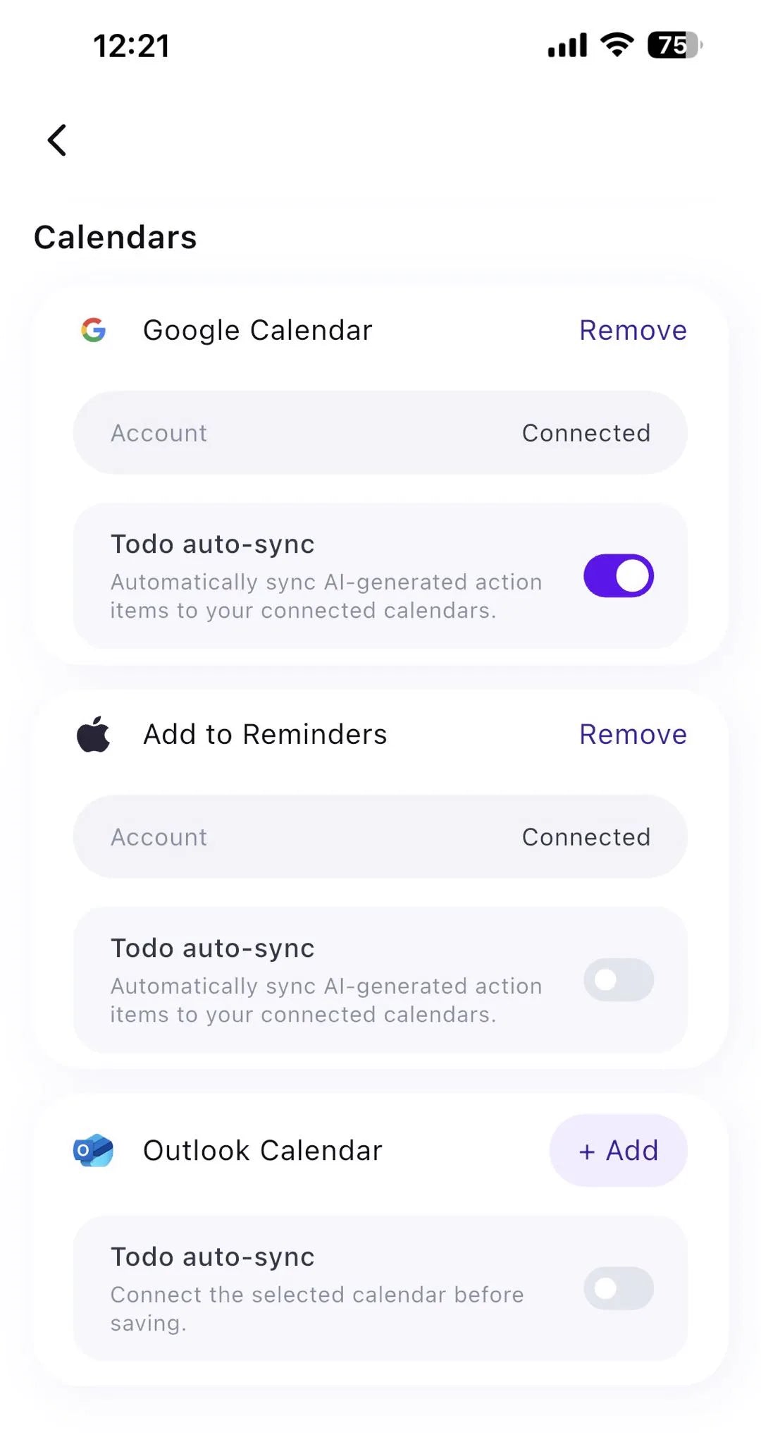 Memoket app calendar settings with Todo auto-sync on