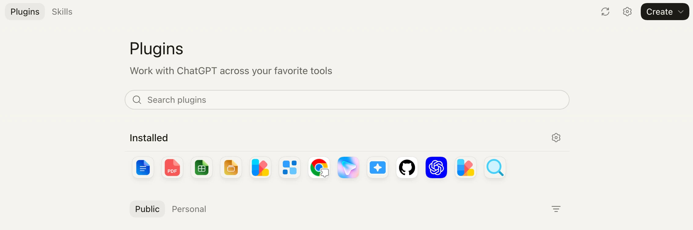 The real Codex Plugins page with Plugins selected, a search field, installed plugins, and Public and Personal tabs
