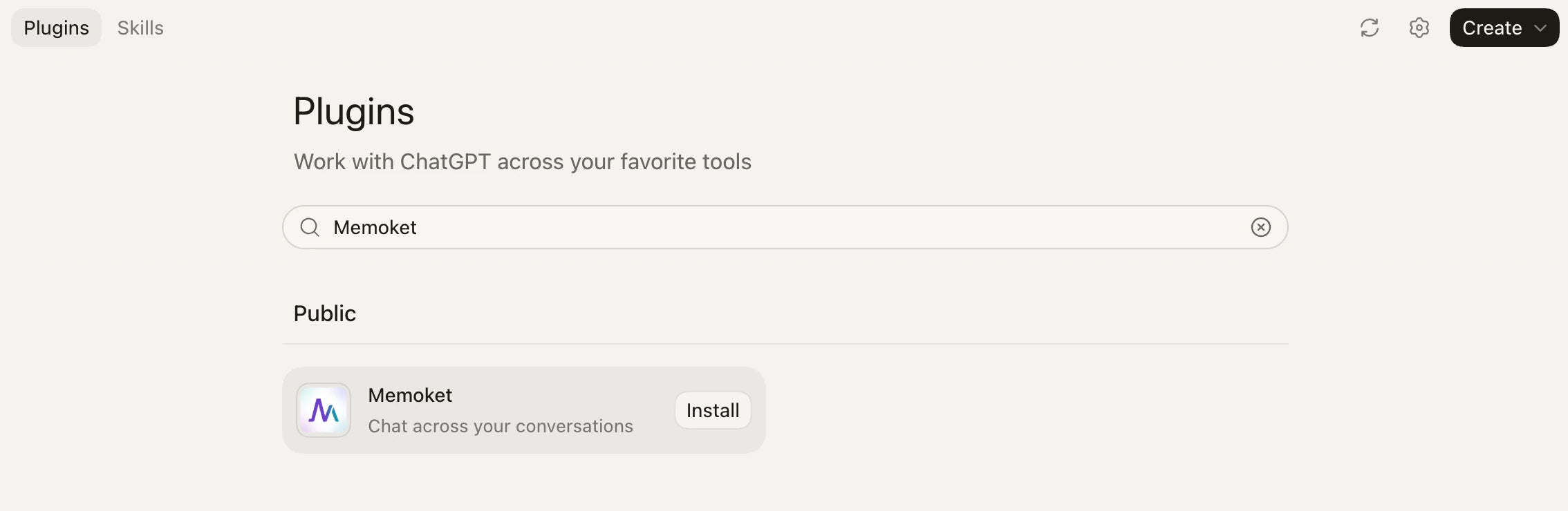 The real Codex Plugins page showing a Public search result for Memoket with an Install button