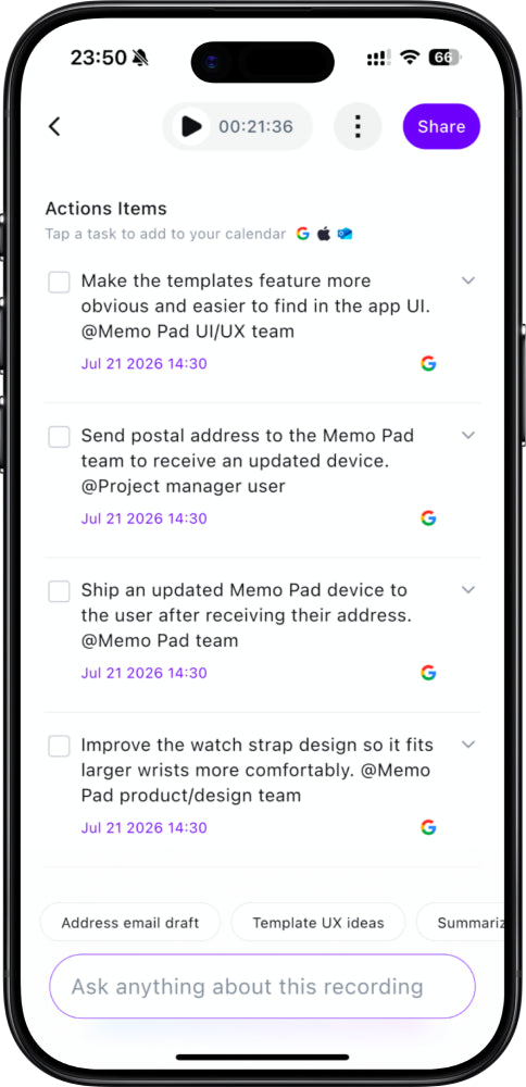 Memoket action items extracted from a recording