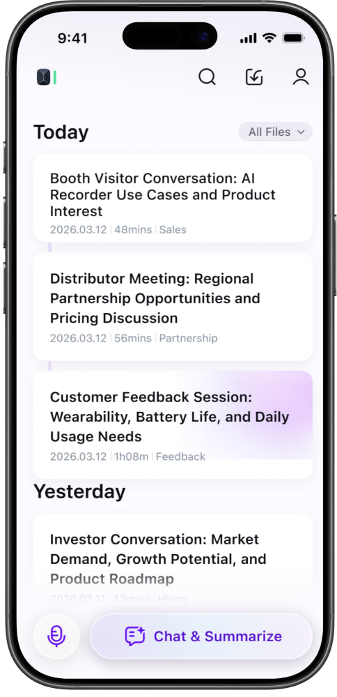 Memoket mobile homepage with recent recordings
