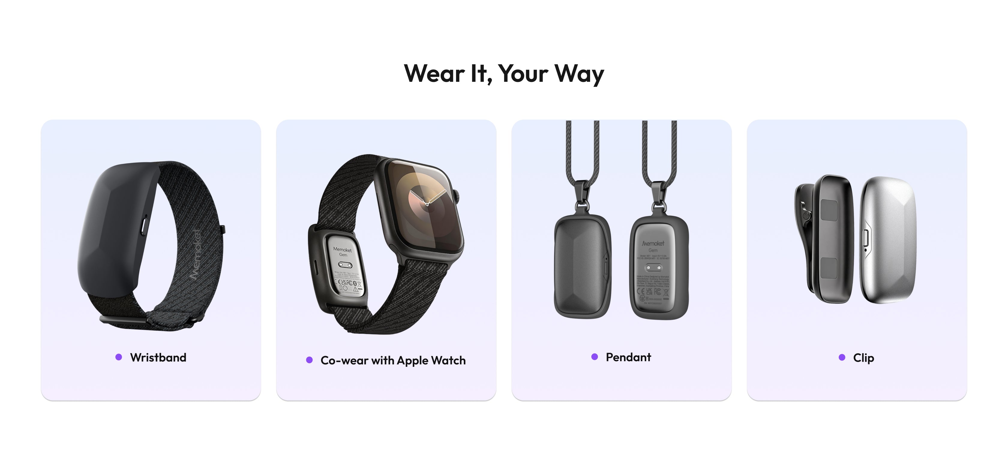 Memoket wearing options: wristband, Apple Watch co-wear band, pendant, and clip