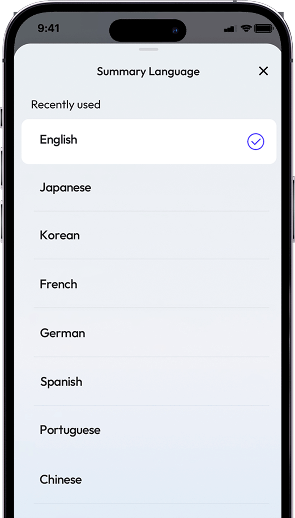 Language selection screen on Memoket Gem app