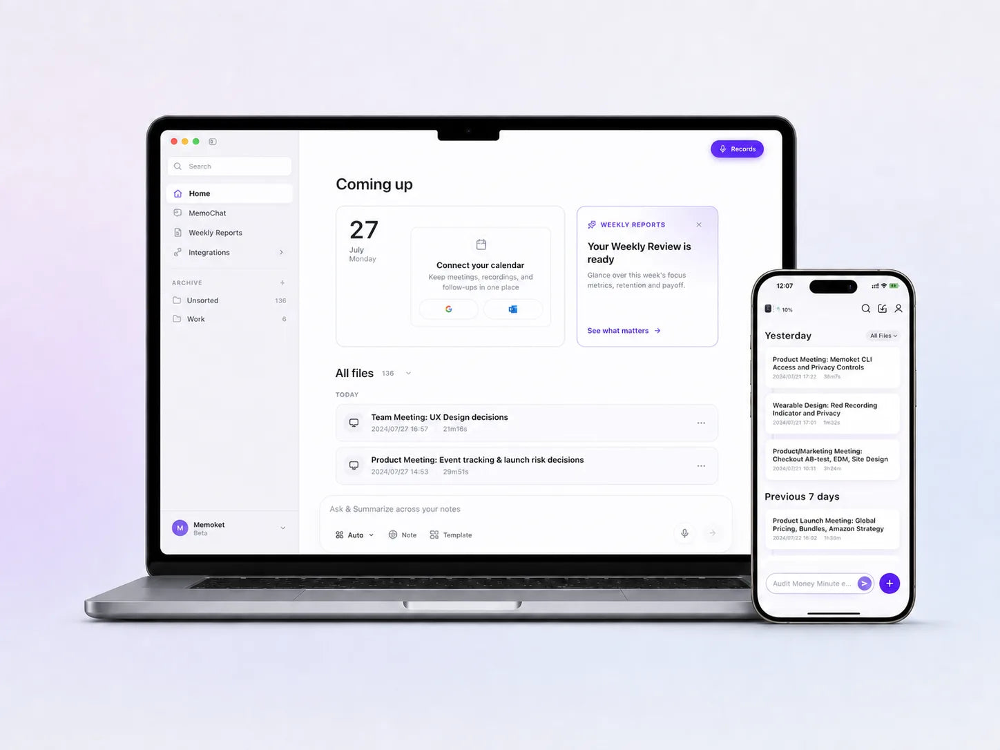 Memoket desktop and mobile app screens