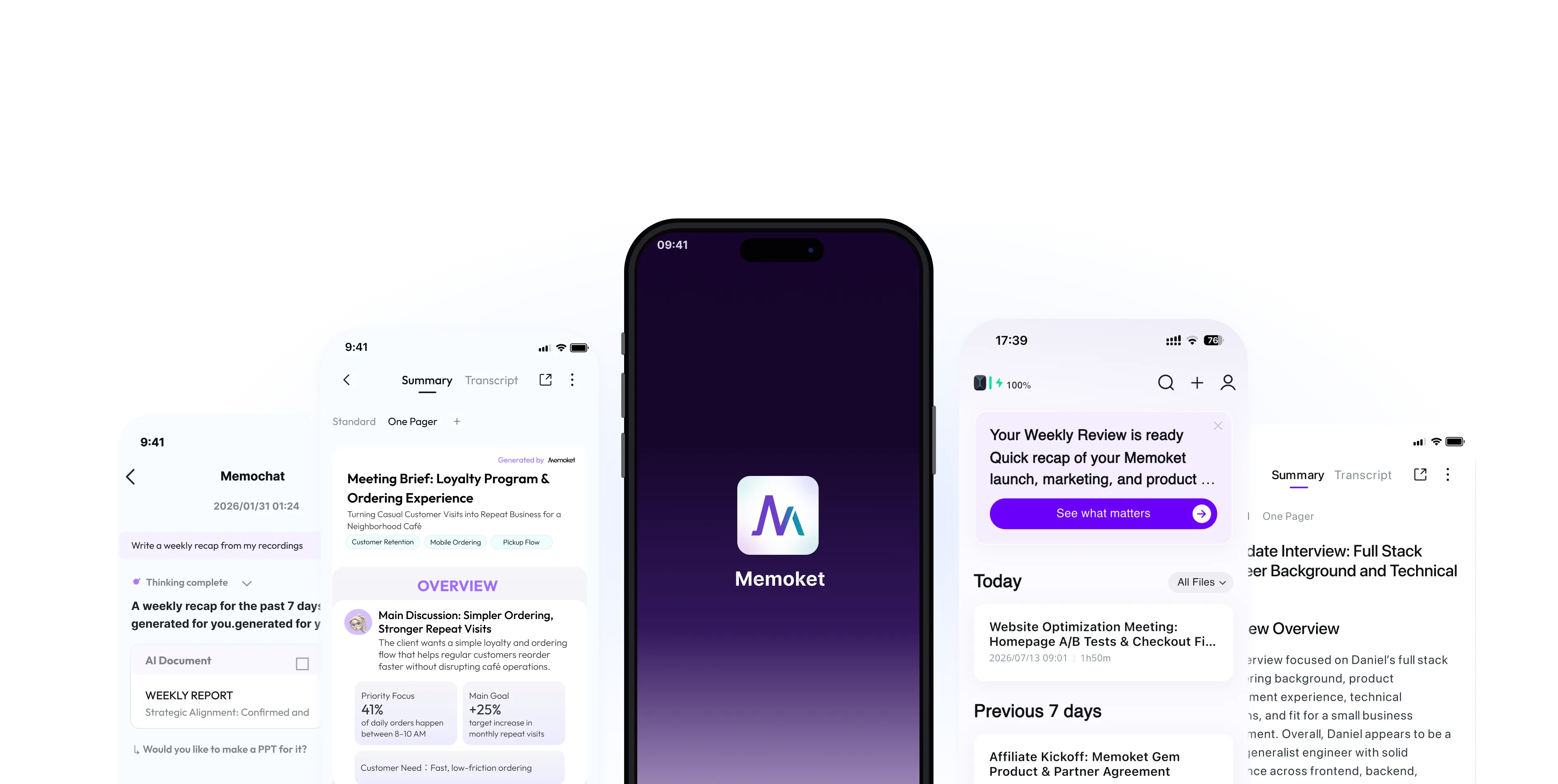 Ansichten der Memoket App mit Erinnerungen, Wochenrückblicken und generierten Notizen