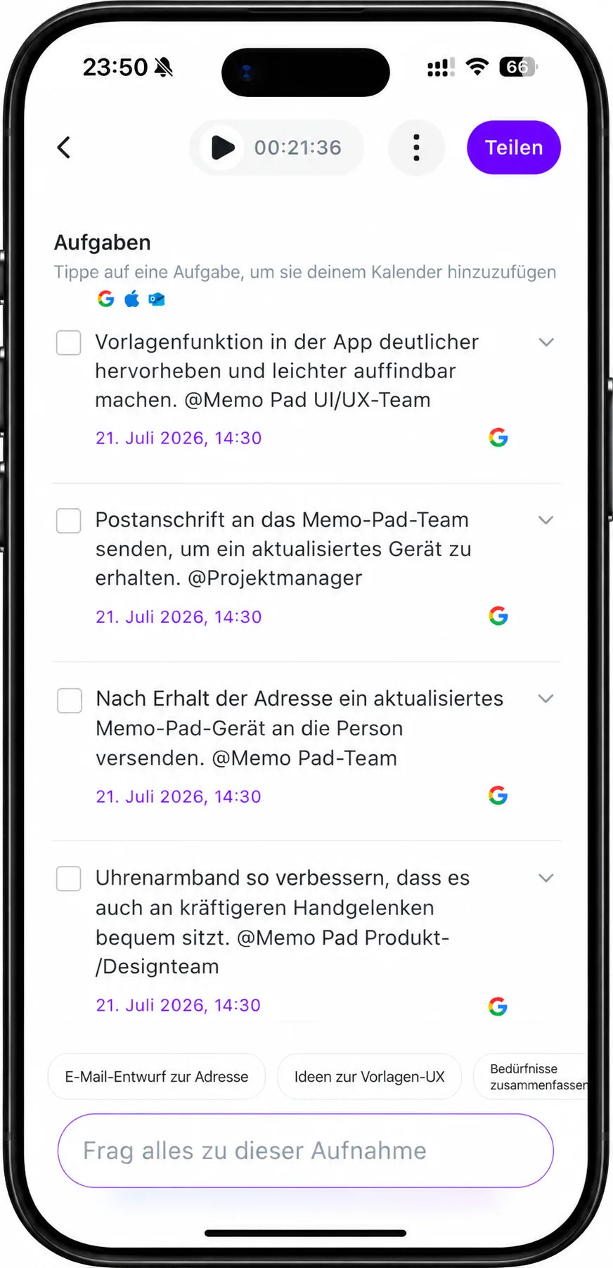 Aus einer Aufnahme erstellte Memoket-Aufgaben