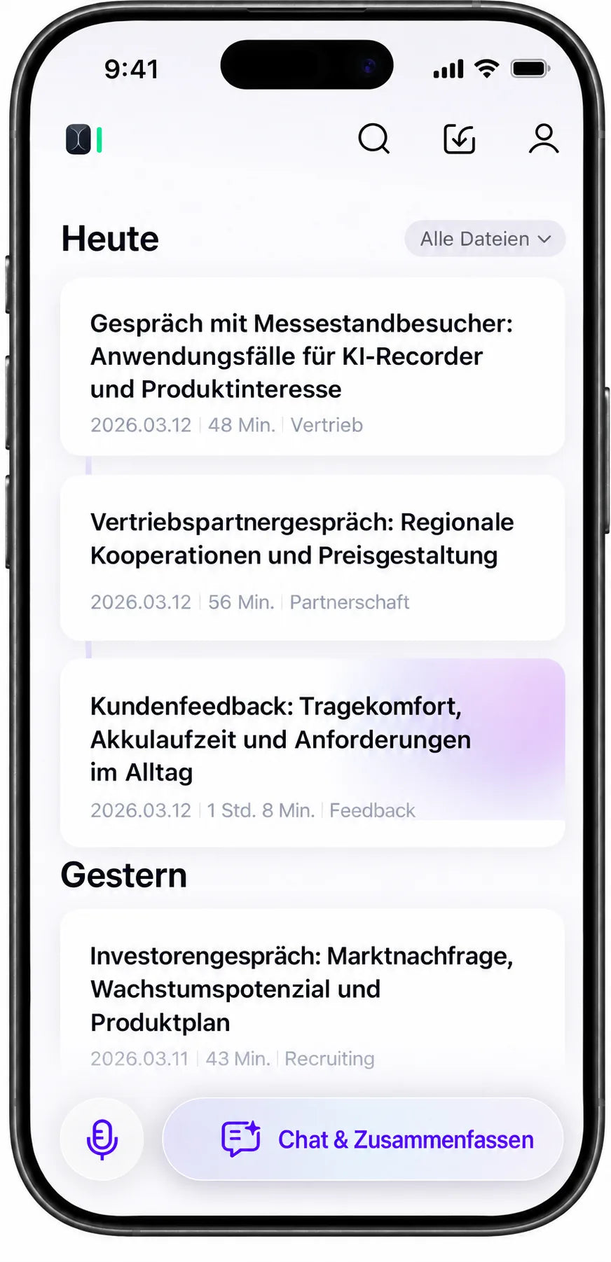 Memoket-Startseite auf dem Smartphone mit aktuellen Aufnahmen