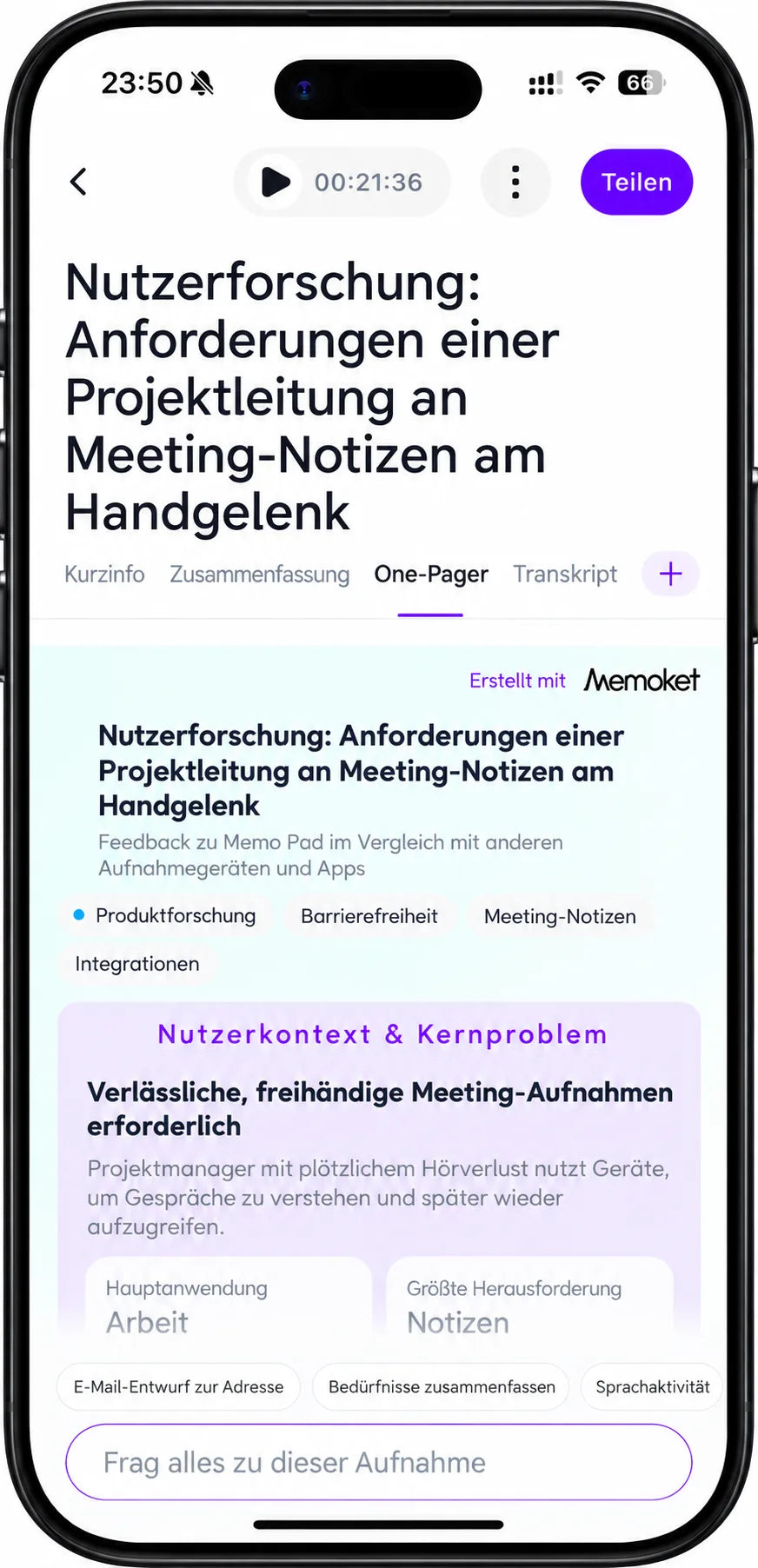Zusammenfassung einer Memoket-Aufnahme