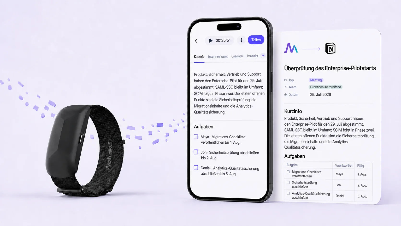 Memoket Gem zeichnet ein Gespräch auf, die Memoket App erstellt einen lesbaren Überblick und derselbe Überblick erscheint in Notion