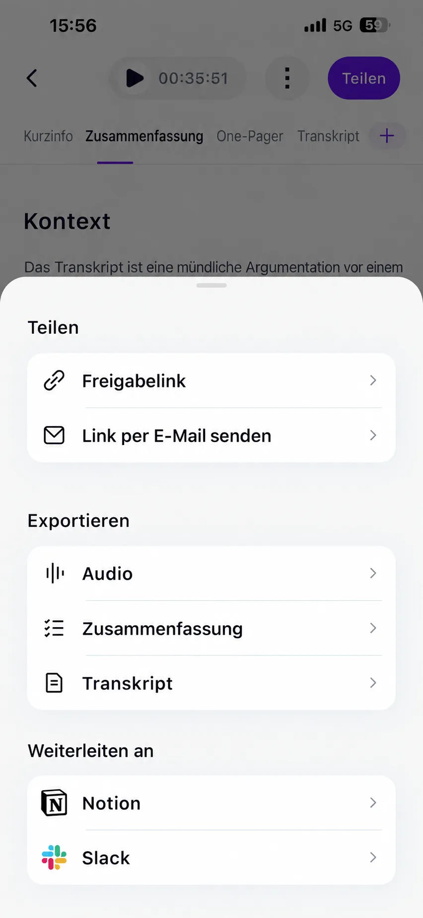 Notion im Teilen-Menü wählen