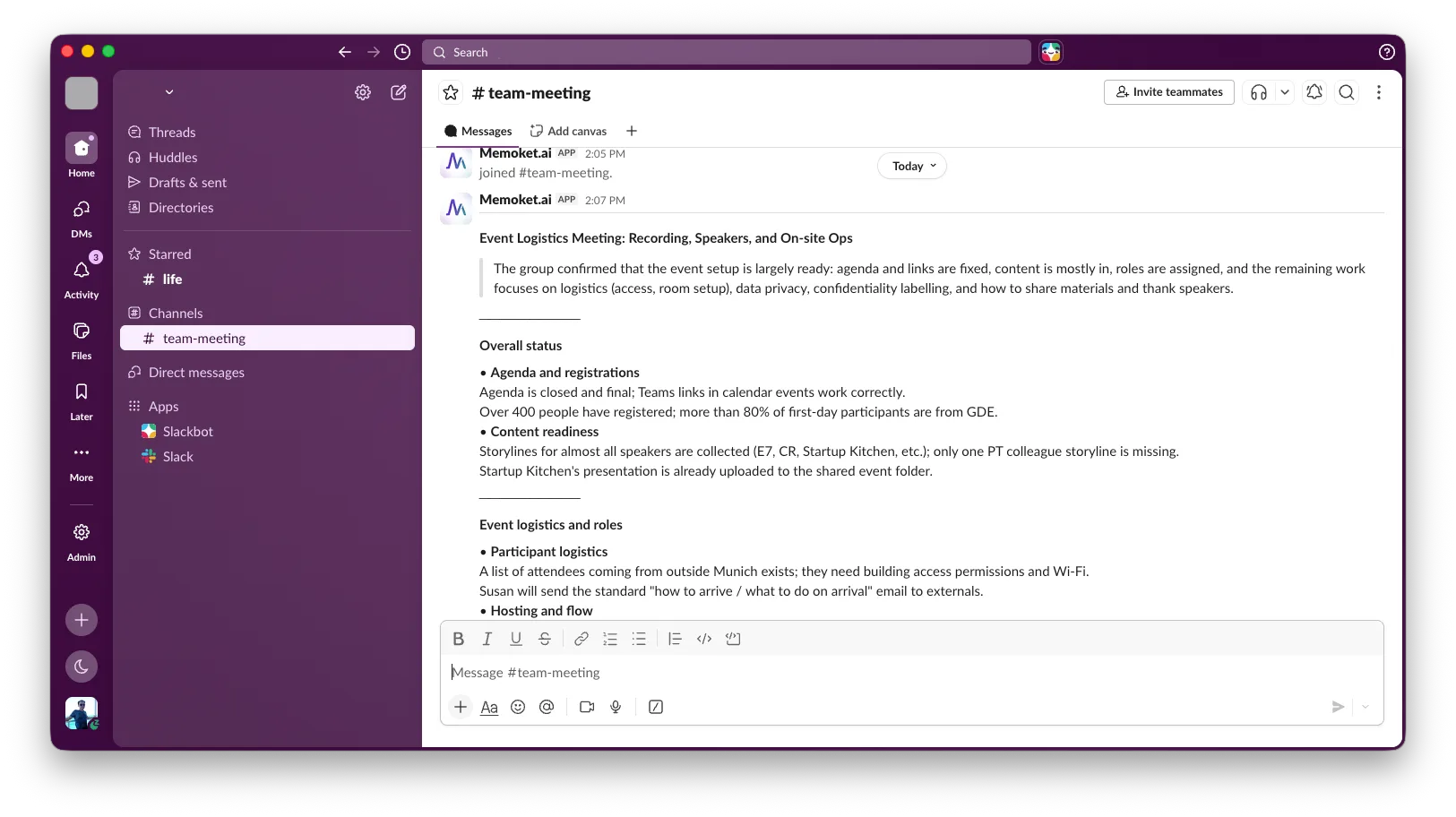 Memoket summary in a Slack channel