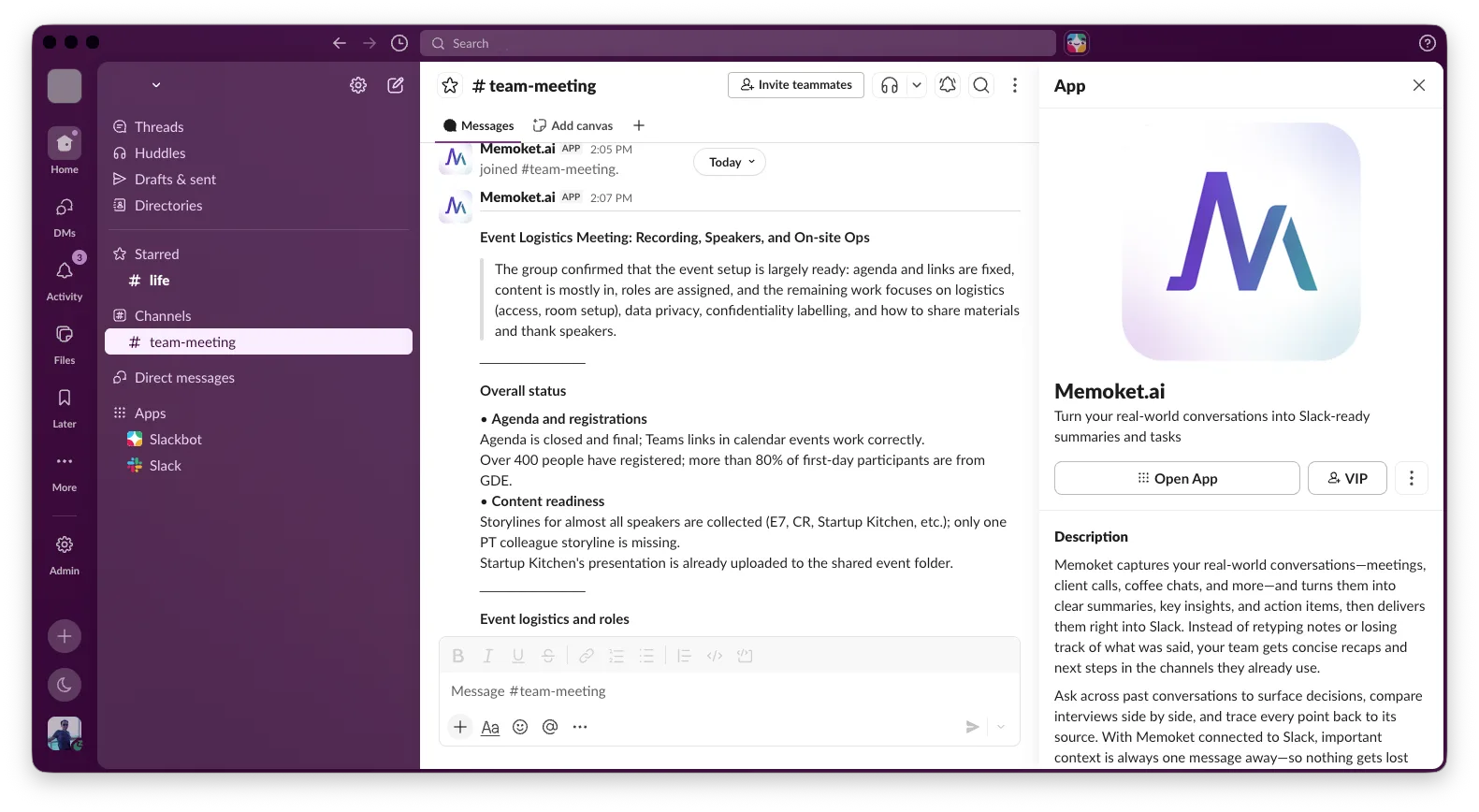 A Memoket AI summary posted in a Slack channel