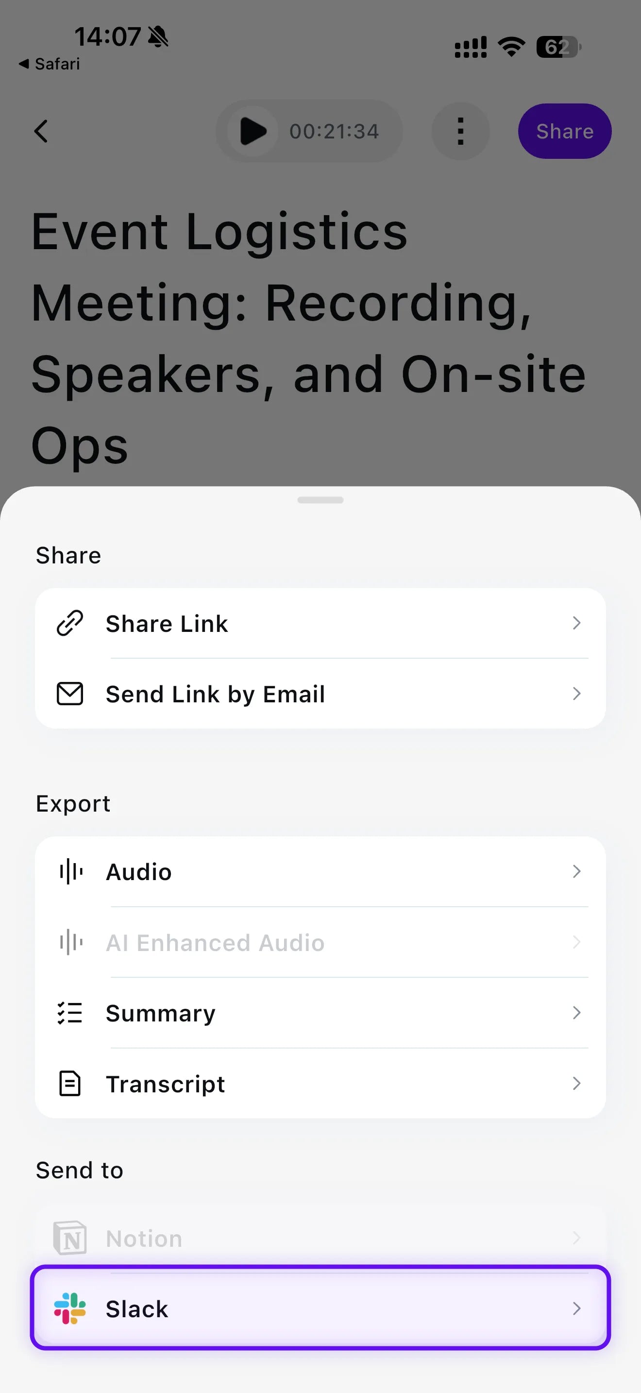 Choose Slack in the share sheet