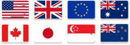 Flags of the United States, United Kingdom, European Union, Australia, New Zealand, Canada, Japan and Singapore
