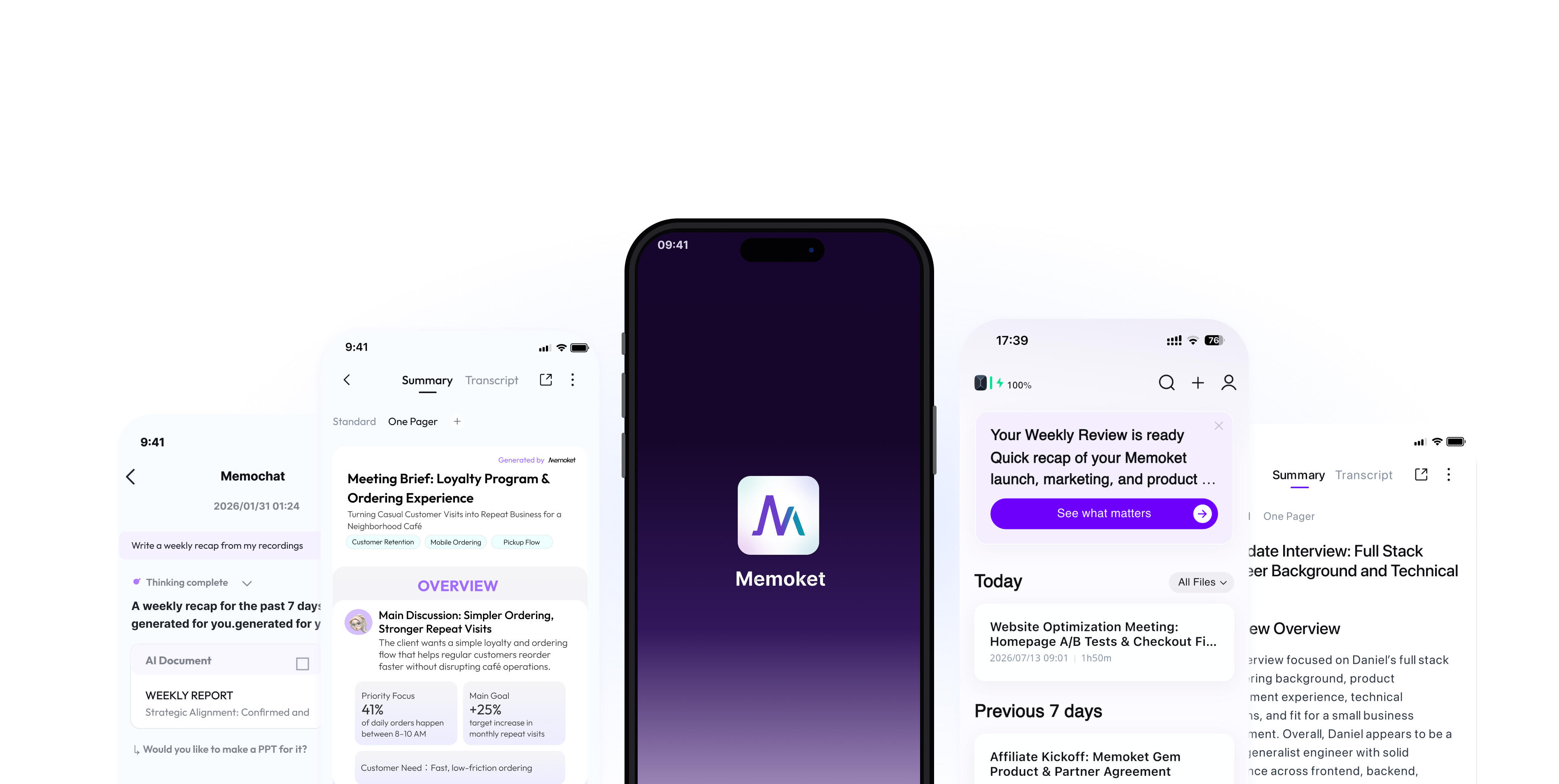 Memoket app screens showing memory, weekly reviews, and generated notes