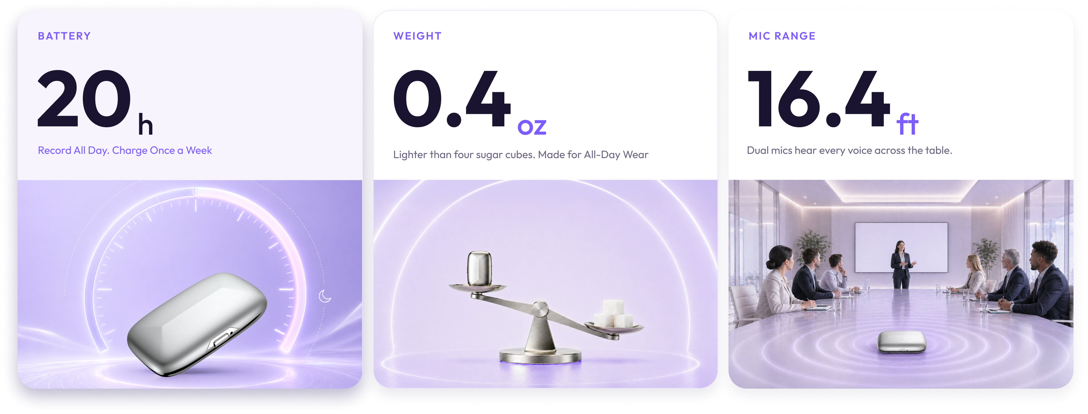 Memoket battery, weight, and microphone range visual cards