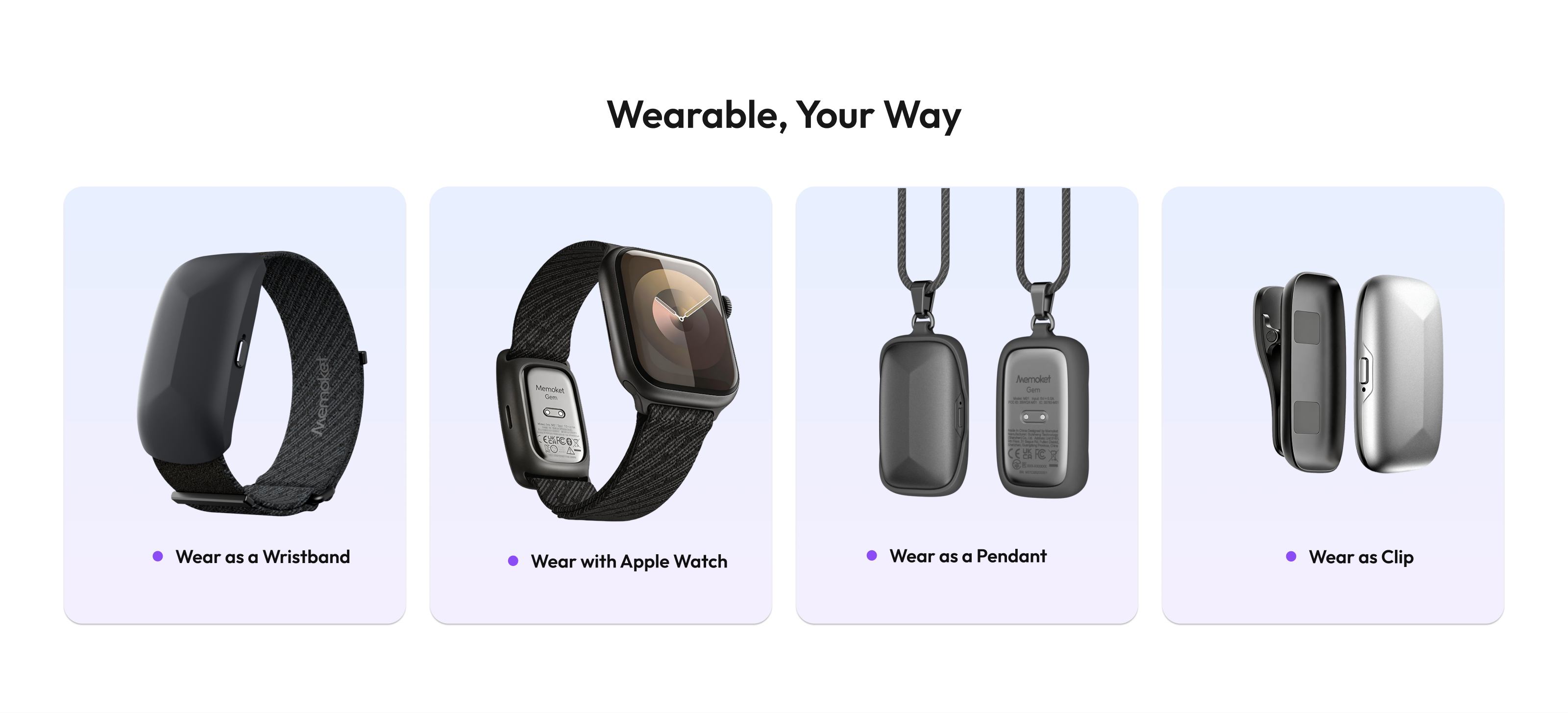 Memoket wearing options including wristband, Apple Watch, pendant, and clip