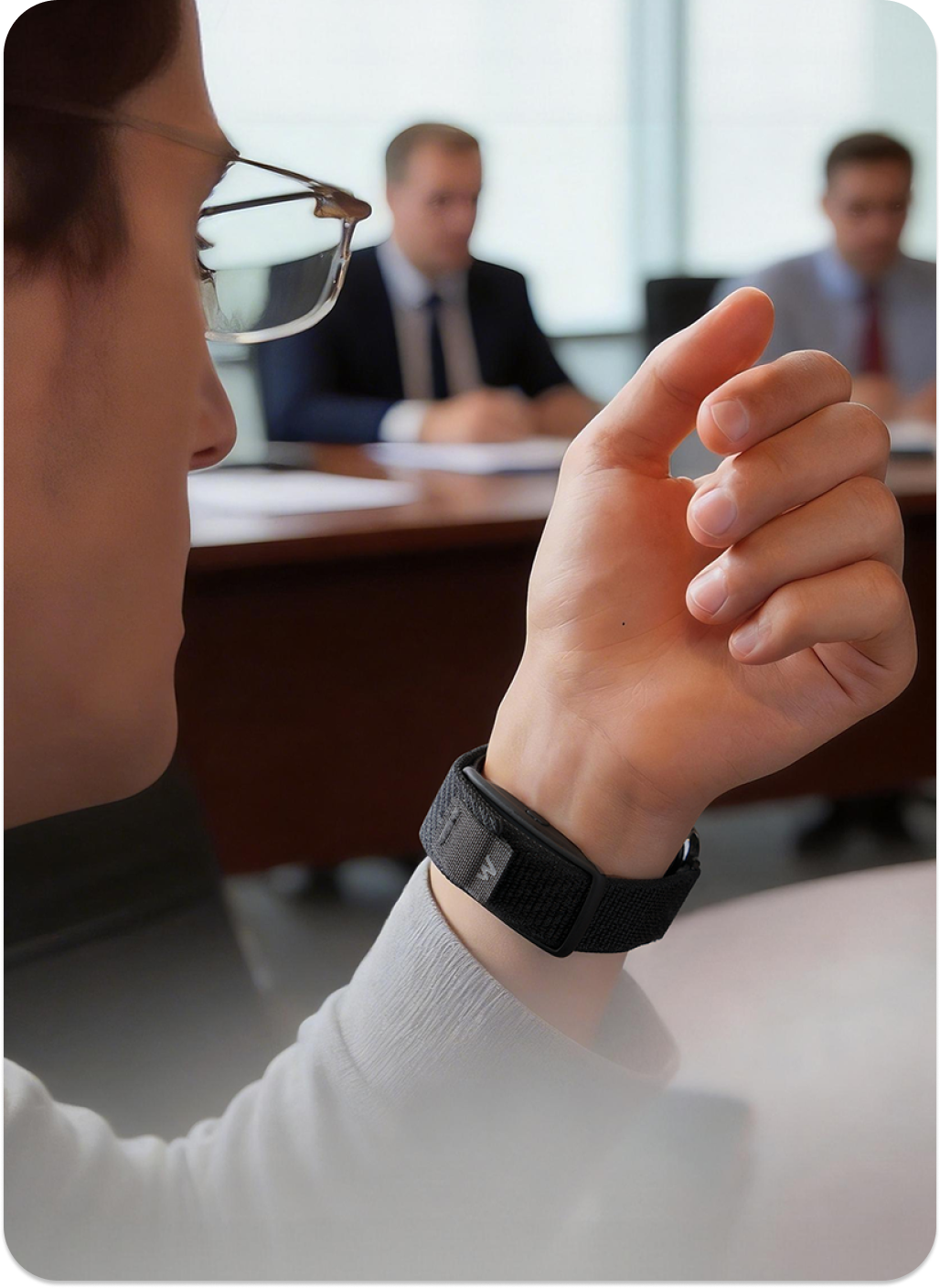 Memoket Apple Watch co-wear band worn in a meeting