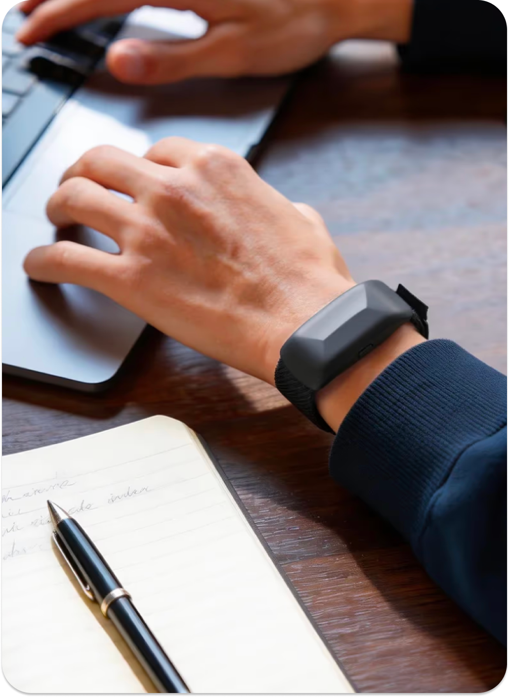 Memoket wristband shown while taking notes