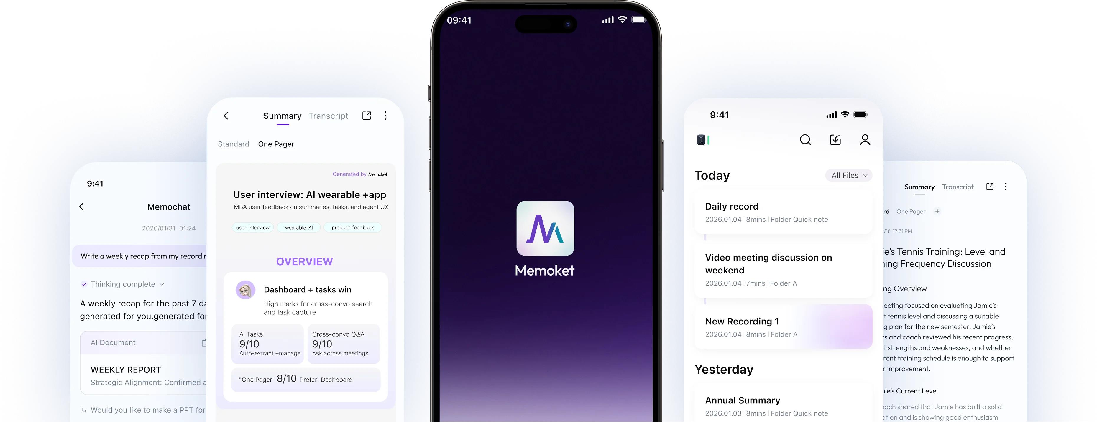 Memoket app screens for summaries, memory, and recordings